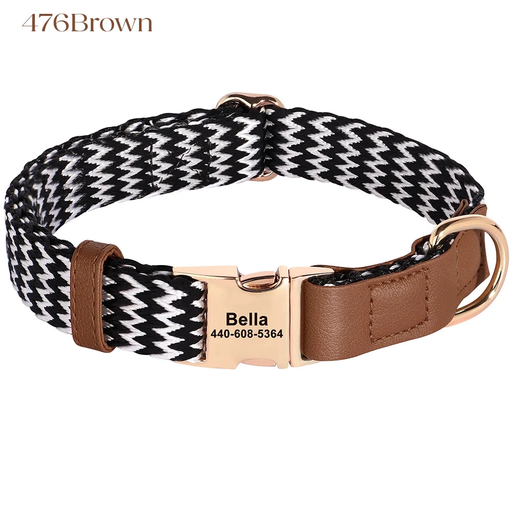 Dog collar with black and white pattern, brown leather strap, and rose gold buckle on a white background