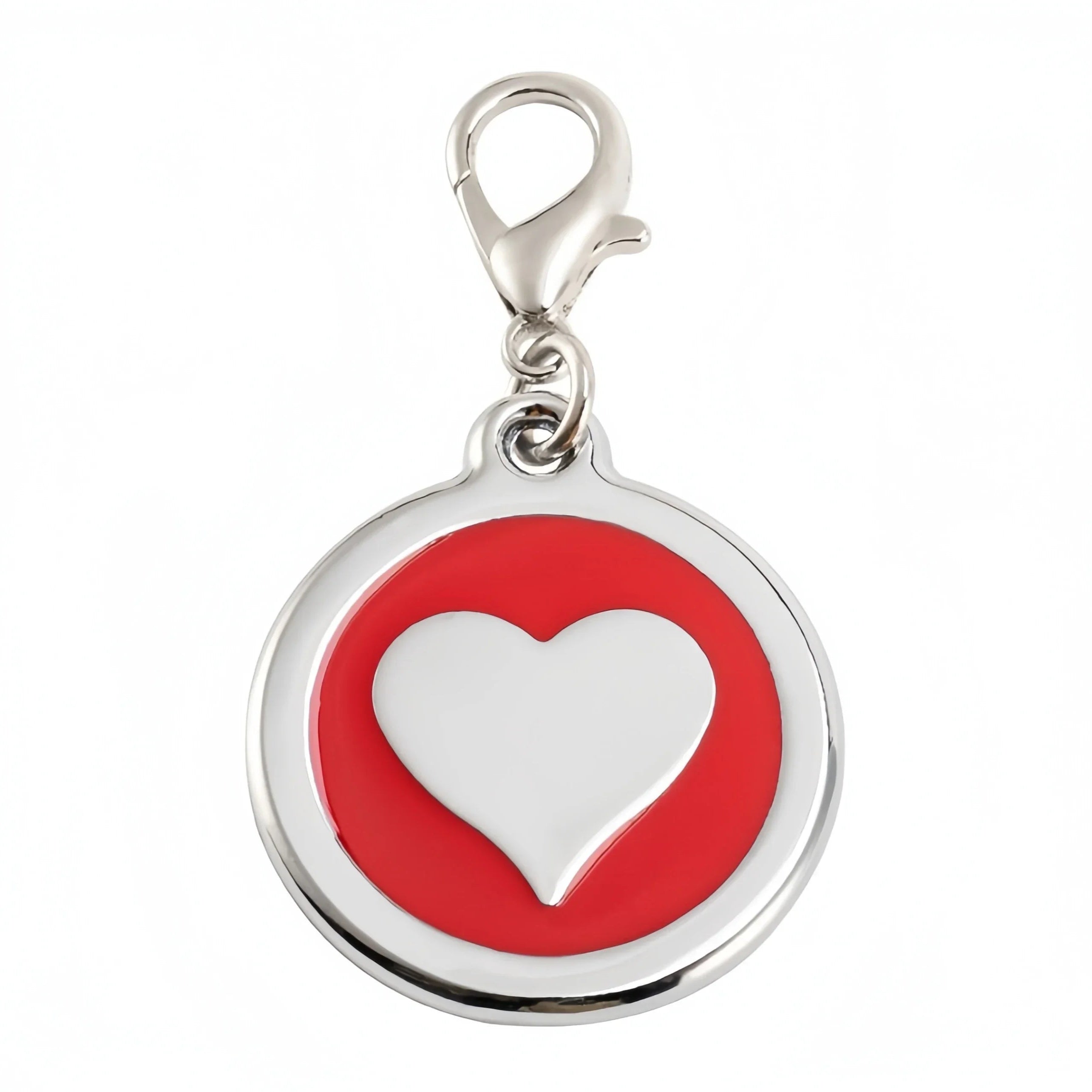 Red pet tag with a white heart and silver clasp on a white background