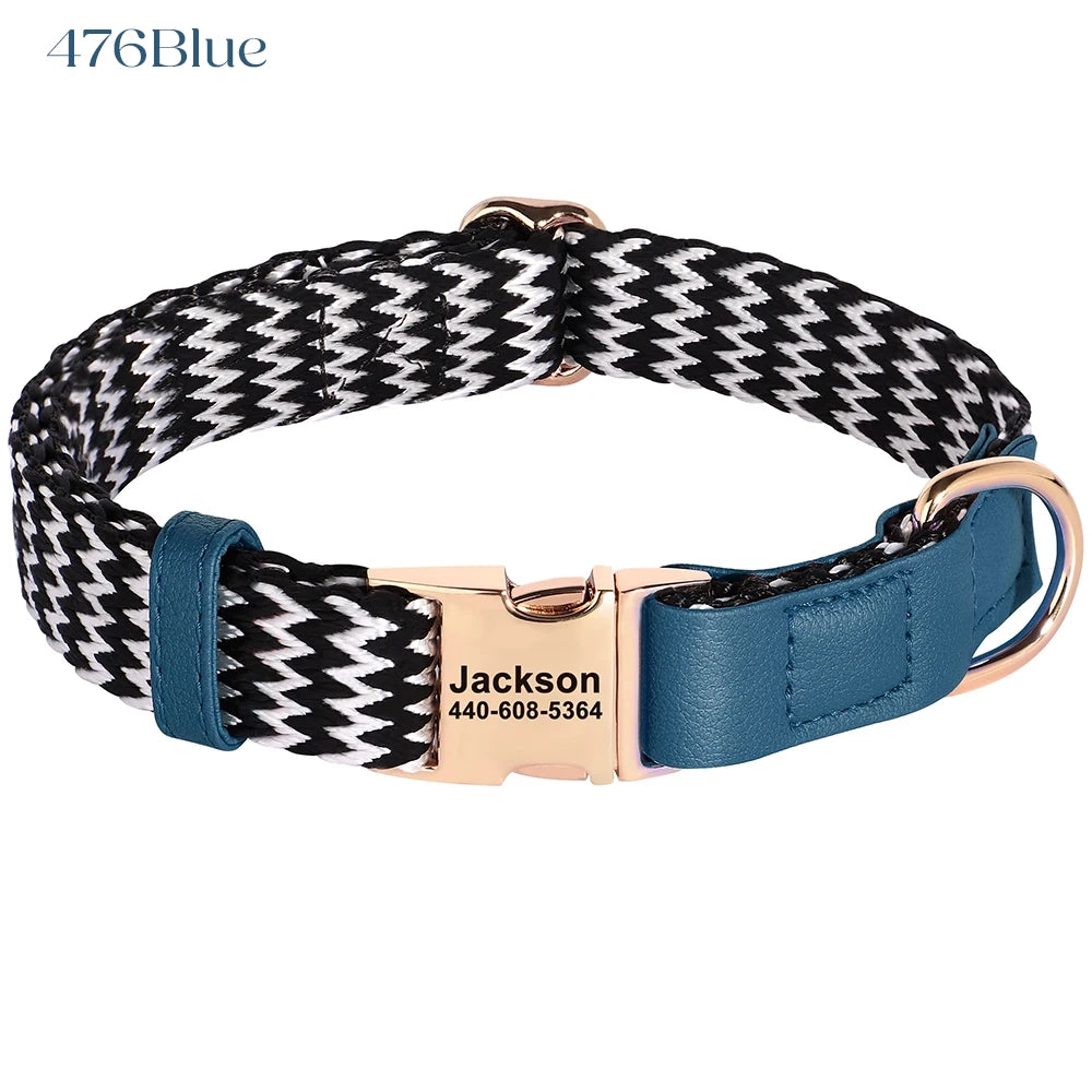 Dog collar with black and white pattern, blue leather accent, and rose gold clasp on a white background
