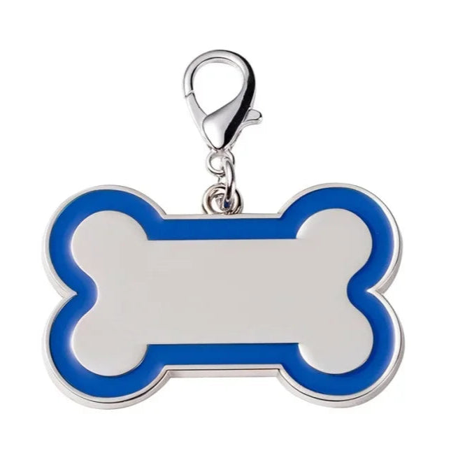 Bone-shaped pet tag with blue border and silver clasp on a white background
